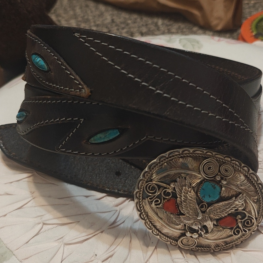 Allen Chee Eagle Sterling Buckle Tapered Leather Belt Turquoise 38" Navajo Dine